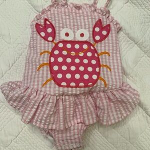 Excellent condition- Pink Gingham Bailey Boys Romper with Crab Design